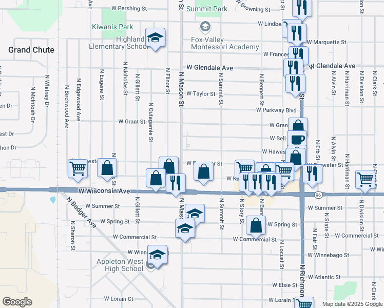 map of restaurants, bars, coffee shops, grocery stores, and more near 1219 West Hawes Avenue in Appleton