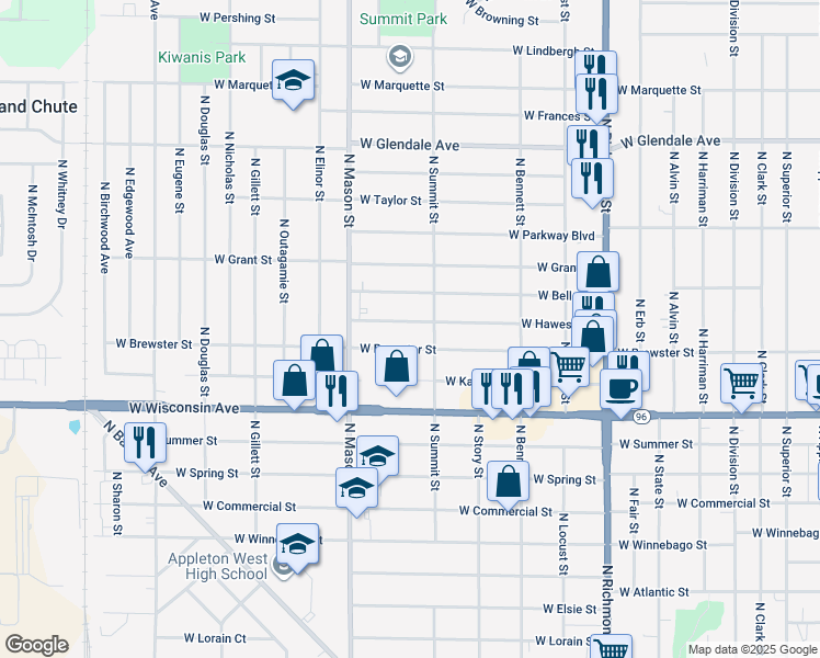 map of restaurants, bars, coffee shops, grocery stores, and more near 1125 W Hawes Ave in Appleton