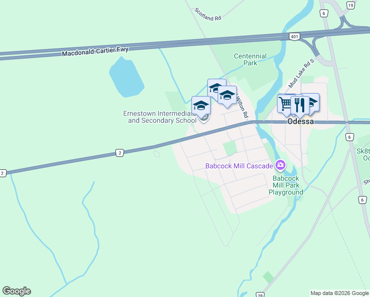 map of restaurants, bars, coffee shops, grocery stores, and more near 35 Main Street in Odessa