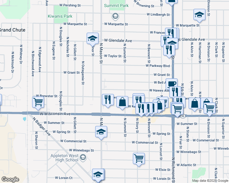 map of restaurants, bars, coffee shops, grocery stores, and more near 1125 West Hawes Avenue in Appleton