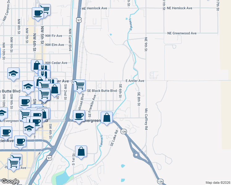 map of restaurants, bars, coffee shops, grocery stores, and more near 211 Southeast 6th Street in Redmond