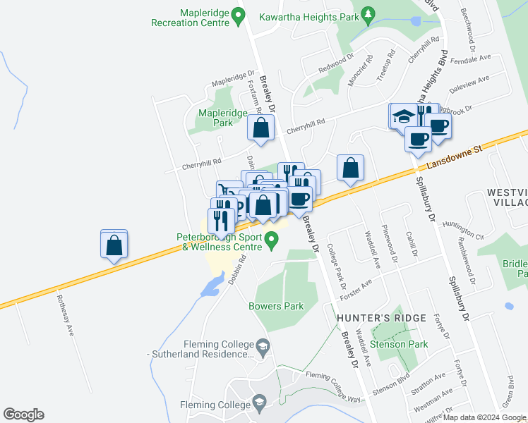 map of restaurants, bars, coffee shops, grocery stores, and more near 775 Brealey Drive in Peterborough