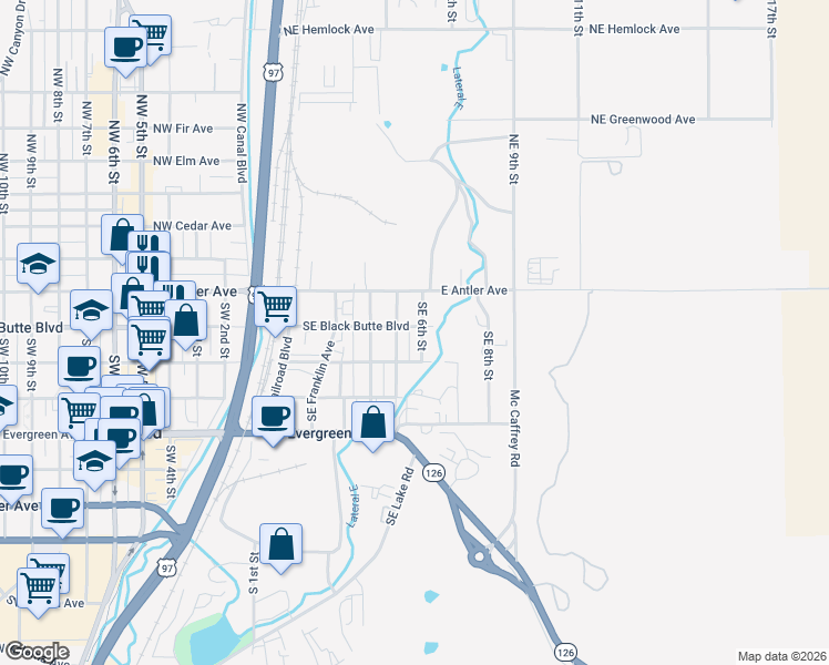 map of restaurants, bars, coffee shops, grocery stores, and more near 211 Southeast 6th Street in Redmond