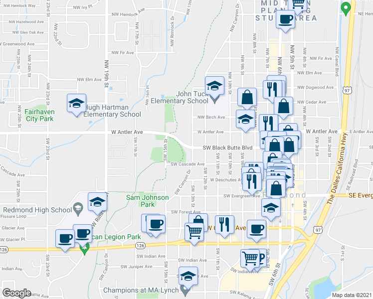 map of restaurants, bars, coffee shops, grocery stores, and more near 207 Southwest Canyon Drive in Redmond