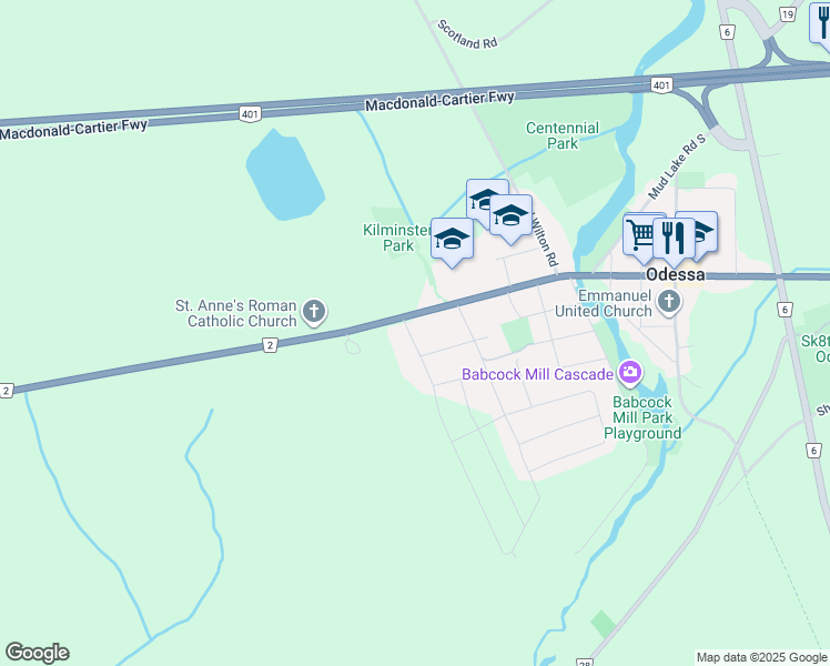 map of restaurants, bars, coffee shops, grocery stores, and more near 35 Main Street in Odessa