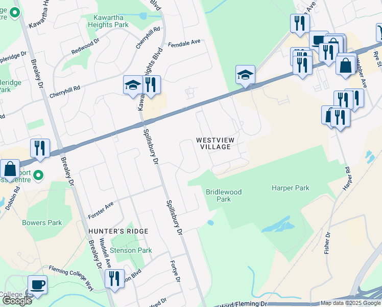 map of restaurants, bars, coffee shops, grocery stores, and more near 1288 Huntington Circle in Peterborough
