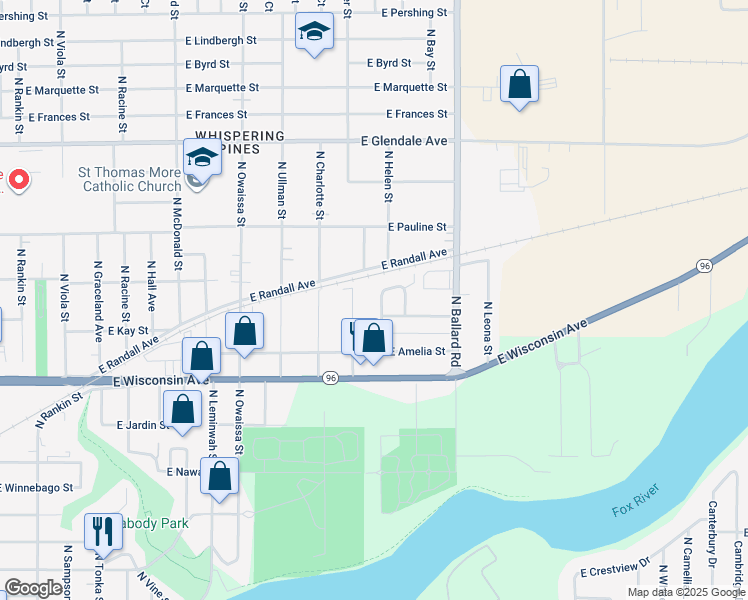 map of restaurants, bars, coffee shops, grocery stores, and more near 15 Woodmere Court in Appleton