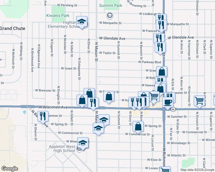 map of restaurants, bars, coffee shops, grocery stores, and more near 1125 West Hawes Avenue in Appleton