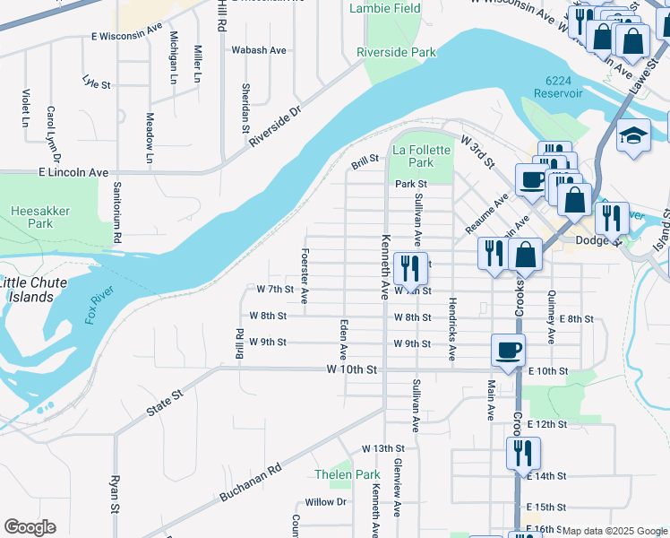 map of restaurants, bars, coffee shops, grocery stores, and more near 505 West 6th Street in Kaukauna