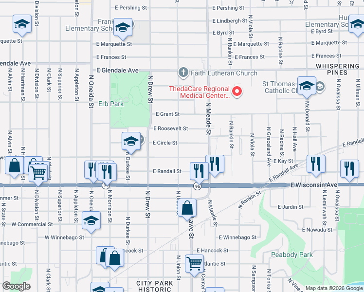 map of restaurants, bars, coffee shops, grocery stores, and more near 603 East Circle Street in Appleton