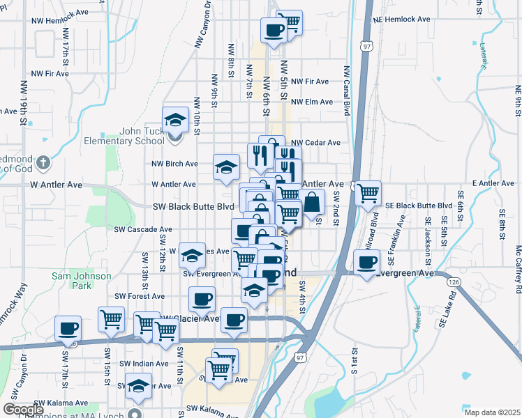 map of restaurants, bars, coffee shops, grocery stores, and more near 203 Southwest 6th Street in Redmond