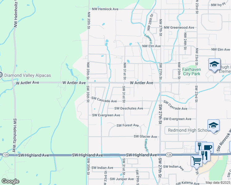 map of restaurants, bars, coffee shops, grocery stores, and more near 3157 Southwest Black Butte Lane in Redmond