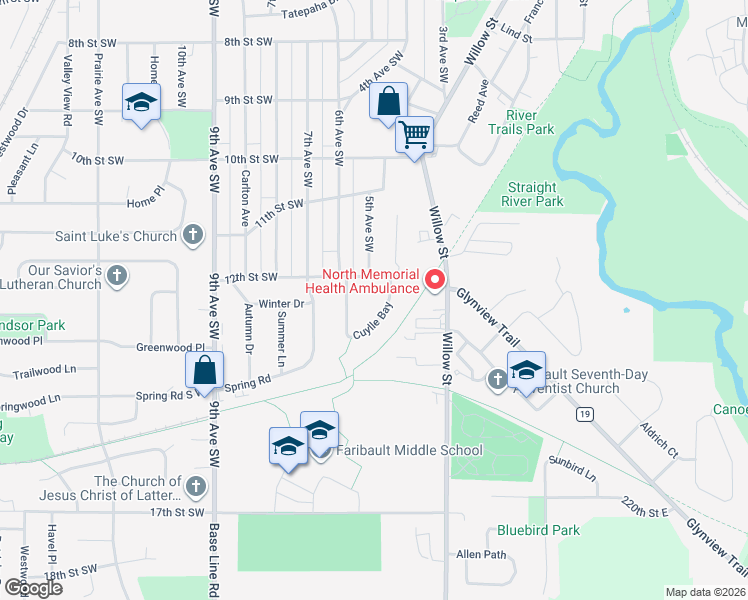 map of restaurants, bars, coffee shops, grocery stores, and more near 1213 Cuylle Bay in Faribault