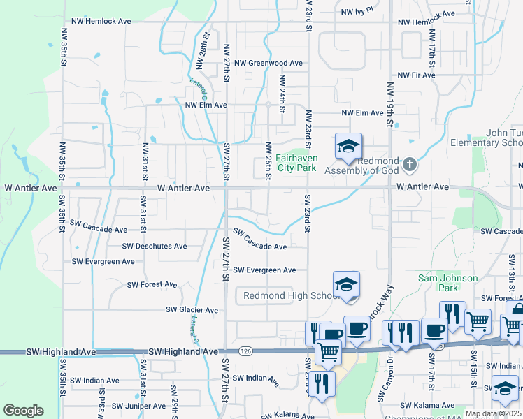map of restaurants, bars, coffee shops, grocery stores, and more near 2507 Southwest Cascade Mountain Lane in Redmond