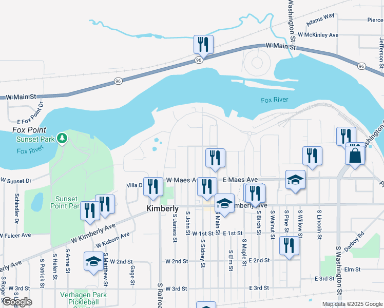 map of restaurants, bars, coffee shops, grocery stores, and more near 319 N John St in Kimberly