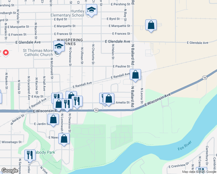 map of restaurants, bars, coffee shops, grocery stores, and more near 15 Woodmere Court in Appleton