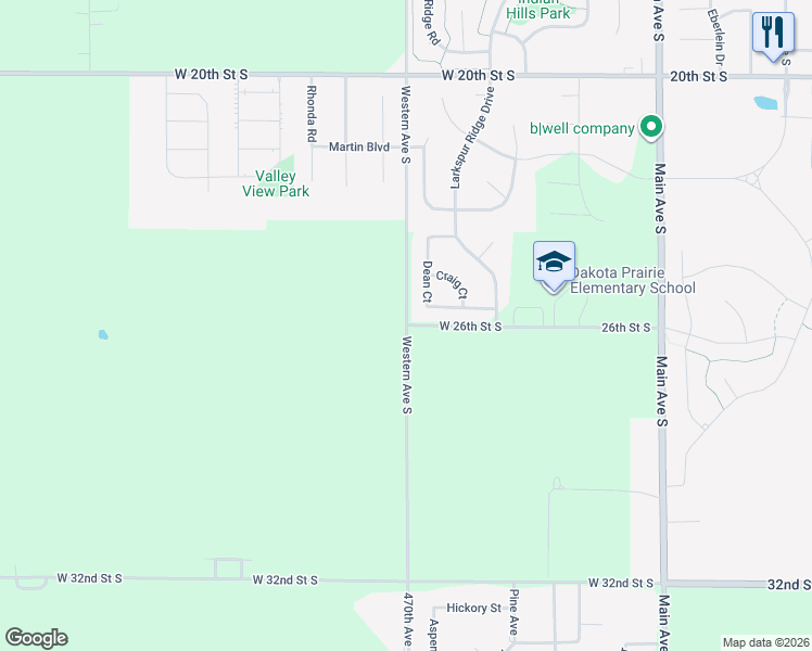 map of restaurants, bars, coffee shops, grocery stores, and more near West 26th Street South in Brookings