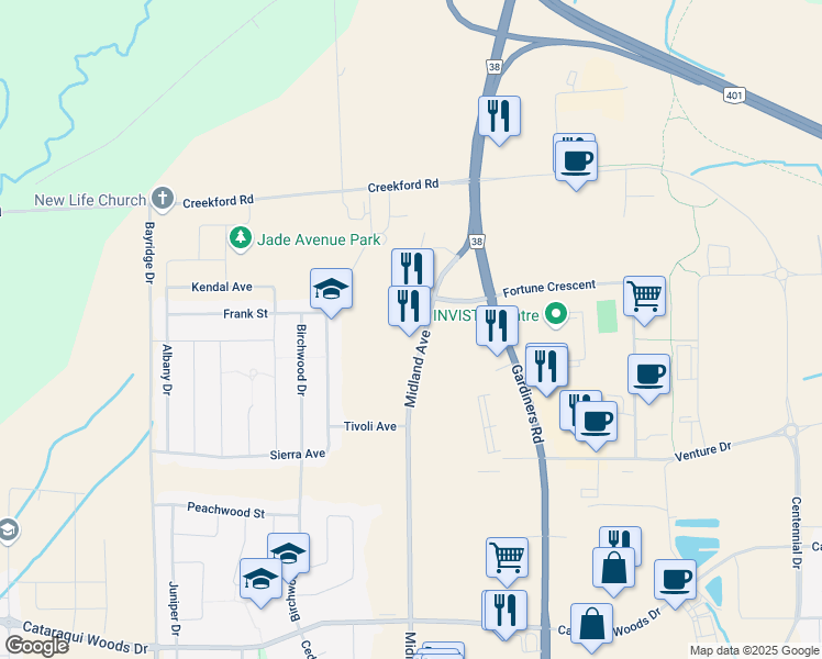 map of restaurants, bars, coffee shops, grocery stores, and more near 1365 Midland Avenue in Kingston