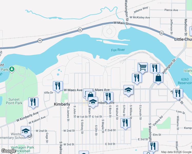 map of restaurants, bars, coffee shops, grocery stores, and more near 203 Clubhouse Lane in Kimberly