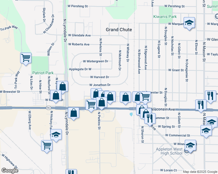 map of restaurants, bars, coffee shops, grocery stores, and more near 2115 West Jonathon Drive in Appleton