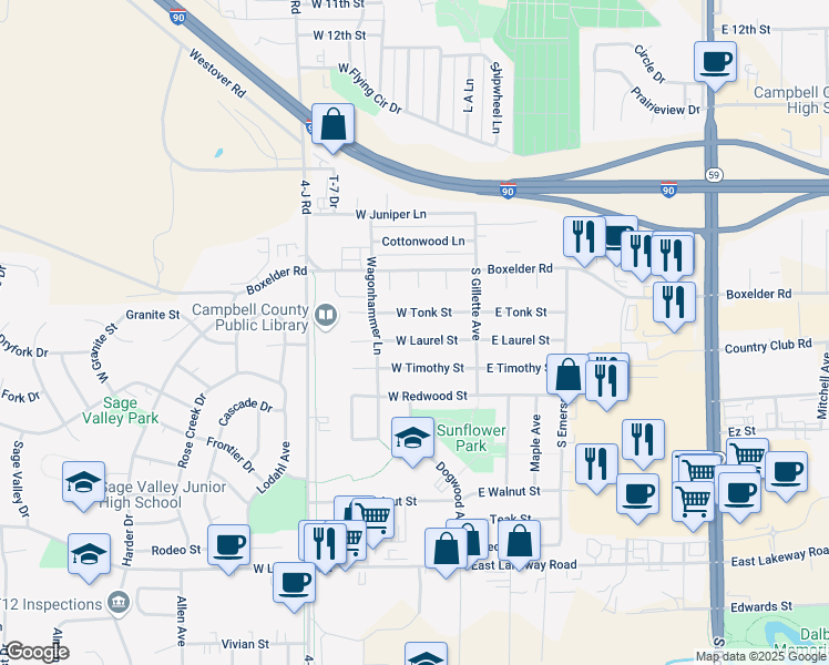 map of restaurants, bars, coffee shops, grocery stores, and more near 214 West Laurel Street in Gillette