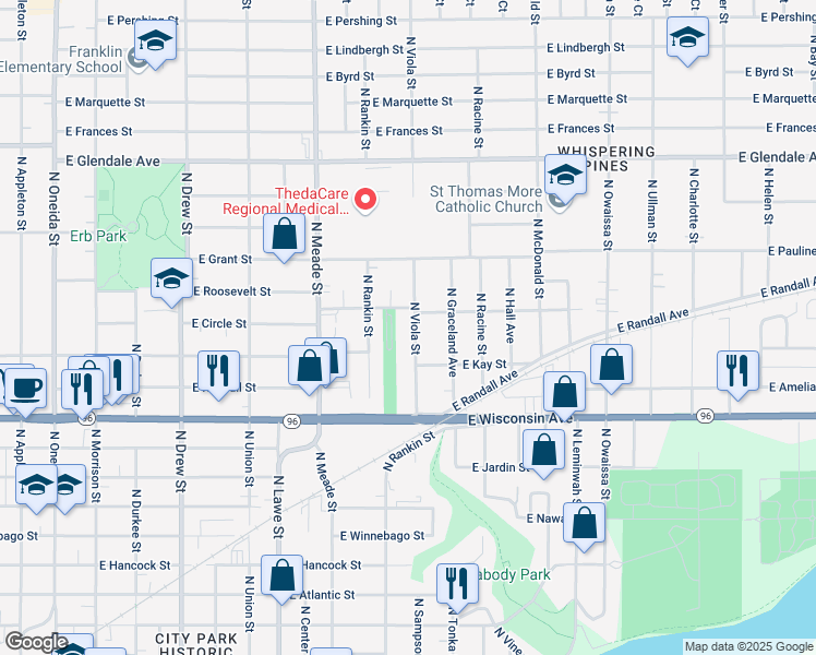 map of restaurants, bars, coffee shops, grocery stores, and more near 1523 North Viola Street in Appleton