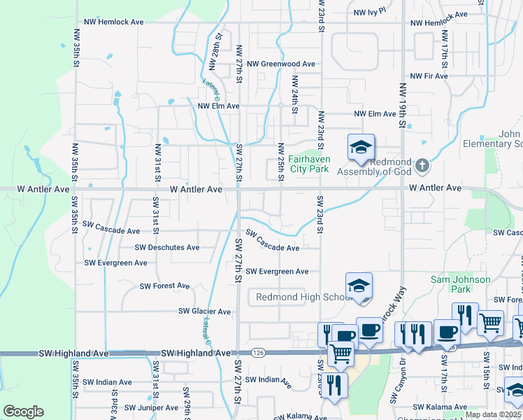 map of restaurants, bars, coffee shops, grocery stores, and more near 2614 Southwest Cascade Mountain Lane in Redmond
