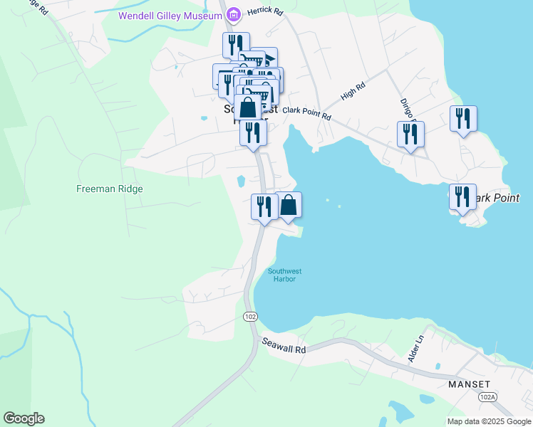 map of restaurants, bars, coffee shops, grocery stores, and more near 423 Main Street in Southwest Harbor