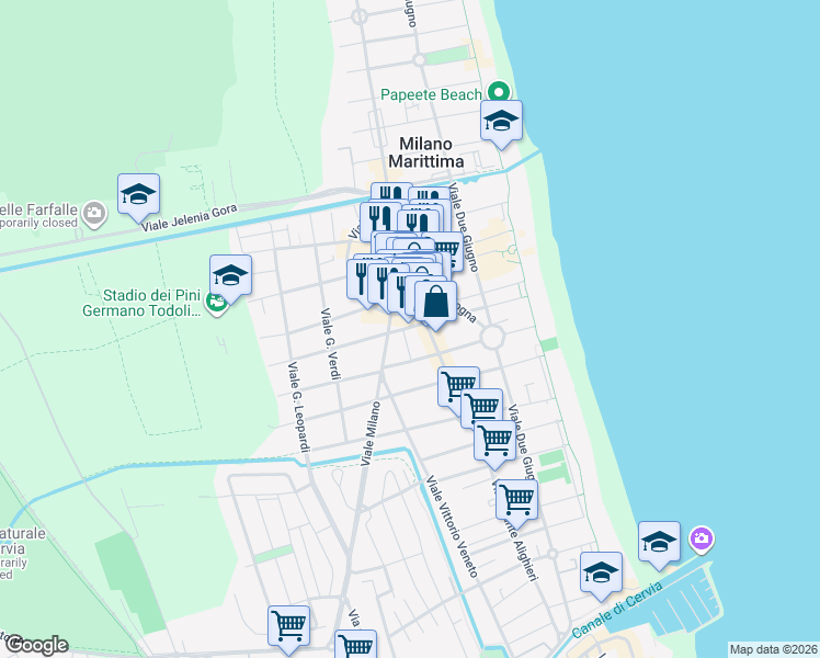 map of restaurants, bars, coffee shops, grocery stores, and more near 11 Viale Milano in Milano Marittima