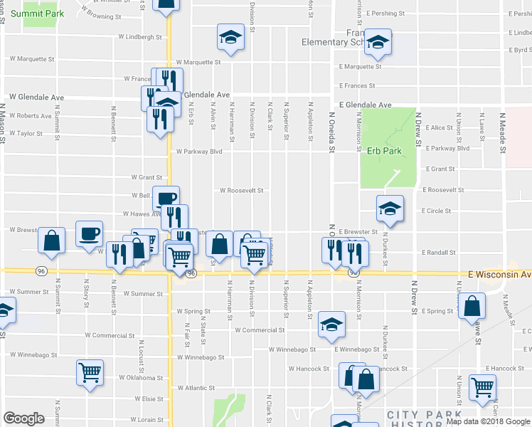 map of restaurants, bars, coffee shops, grocery stores, and more near 1525 North Clark Street in Appleton