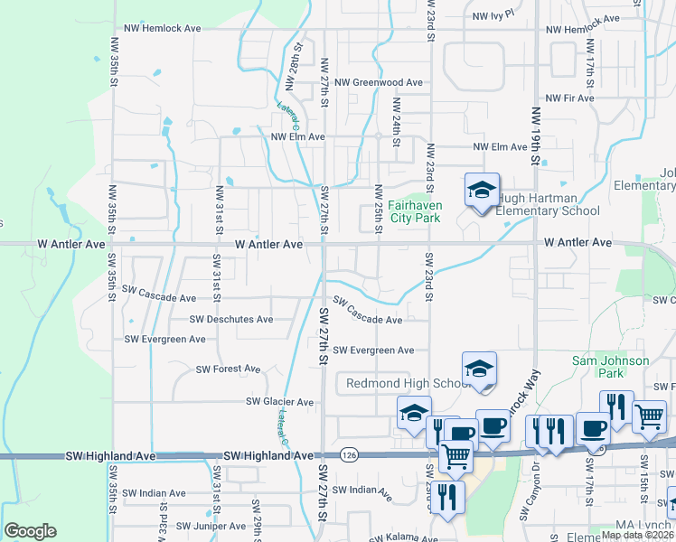 map of restaurants, bars, coffee shops, grocery stores, and more near 2614 Southwest Cascade Mountain Lane in Redmond