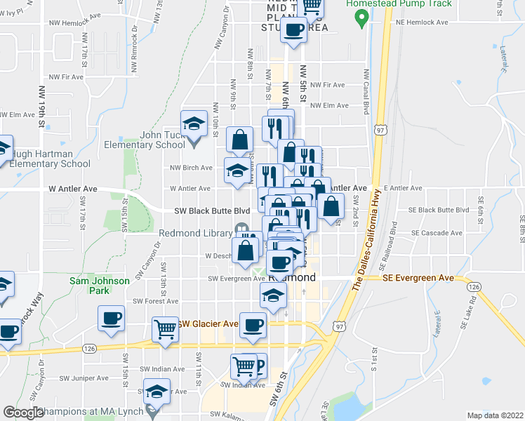 map of restaurants, bars, coffee shops, grocery stores, and more near 732 SW Black Butte Blvd in Redmond