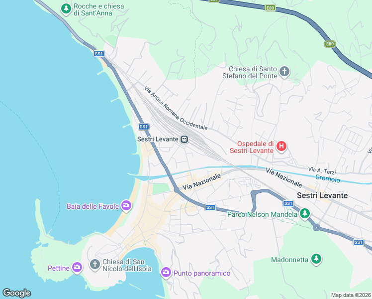 map of restaurants, bars, coffee shops, grocery stores, and more near 121 Via Eraldo Virgola Fico in Sestri Levante