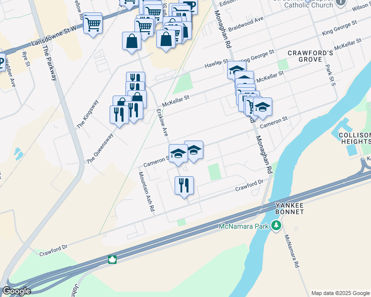 map of restaurants, bars, coffee shops, grocery stores, and more near 762 Cameron Street in Peterborough