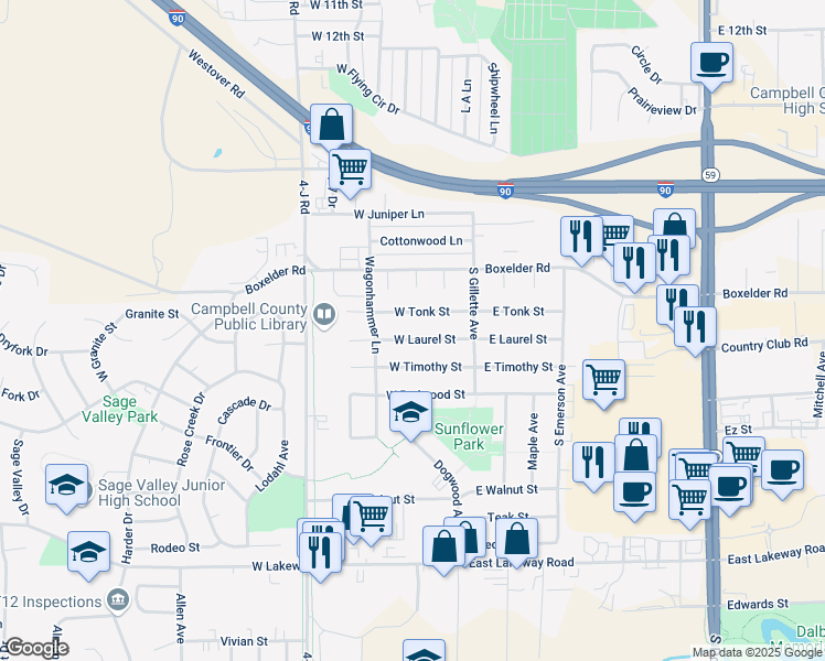 map of restaurants, bars, coffee shops, grocery stores, and more near 214 West Laurel Street in Gillette