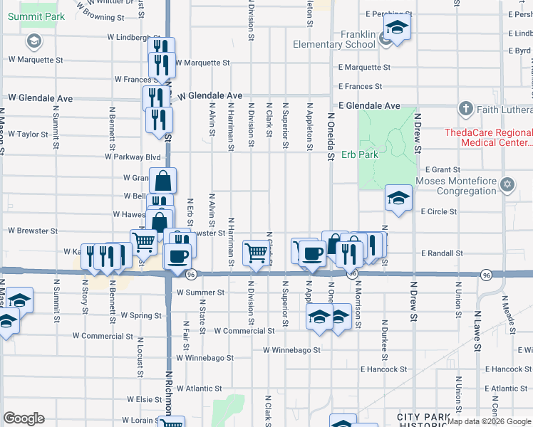 map of restaurants, bars, coffee shops, grocery stores, and more near 1525 North Clark Street in Appleton