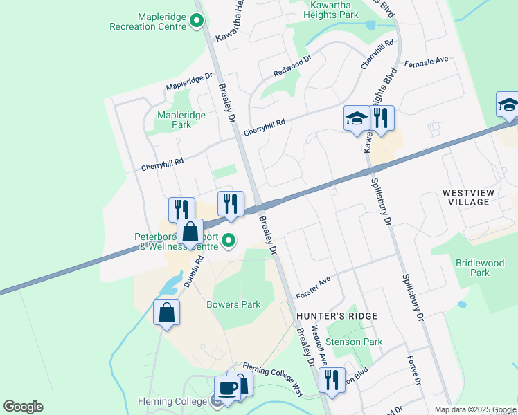 map of restaurants, bars, coffee shops, grocery stores, and more near Lansdowne St & Brealey Dr in Peterborough