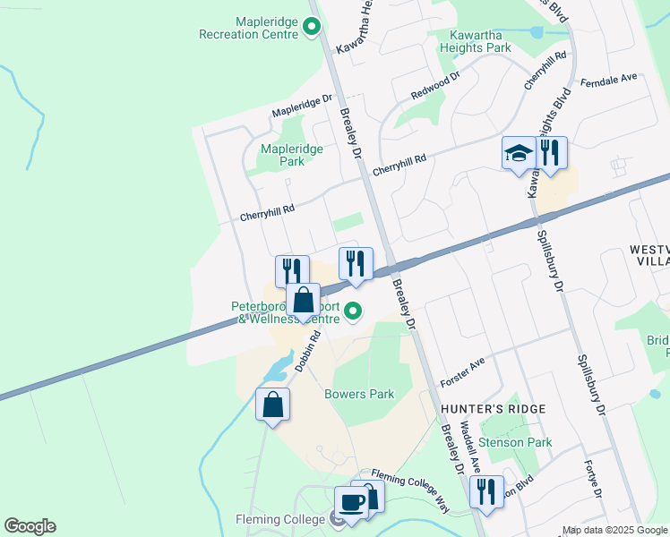 map of restaurants, bars, coffee shops, grocery stores, and more near 1840 Lansdowne Street in Peterborough