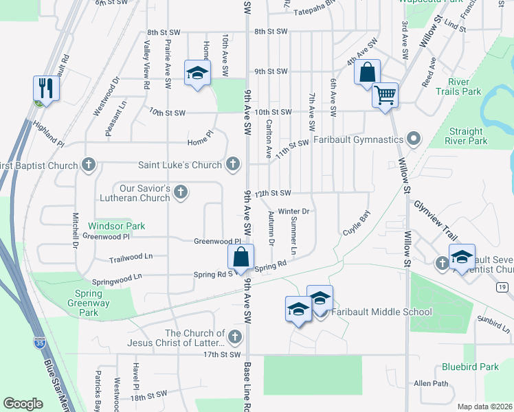 map of restaurants, bars, coffee shops, grocery stores, and more near 1200 Autumn Drive in Faribault