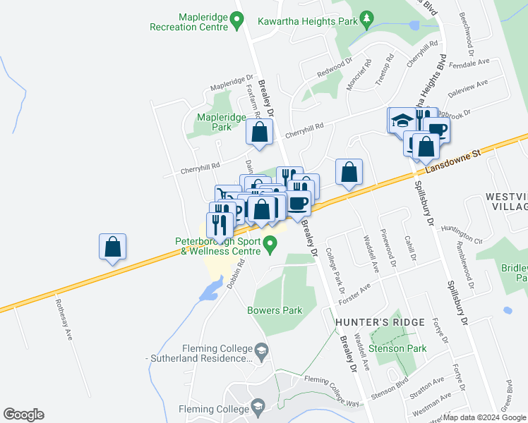 map of restaurants, bars, coffee shops, grocery stores, and more near 1840 Lansdowne Street in Peterborough