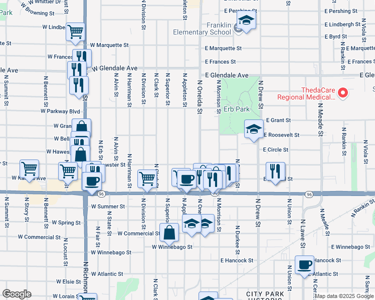 map of restaurants, bars, coffee shops, grocery stores, and more near 1528 North Appleton Street in Appleton