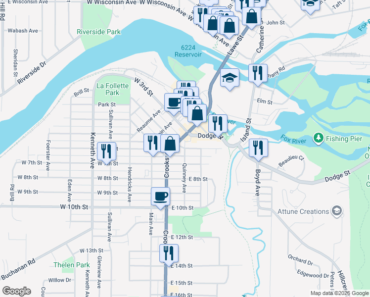 map of restaurants, bars, coffee shops, grocery stores, and more near 301 Dixon Street in Kaukauna