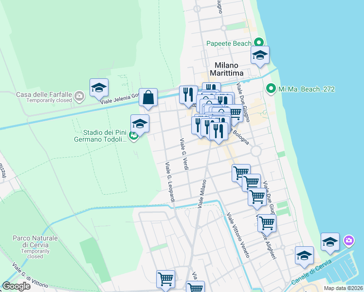 map of restaurants, bars, coffee shops, grocery stores, and more near 8 Via Tiziano in Cervia