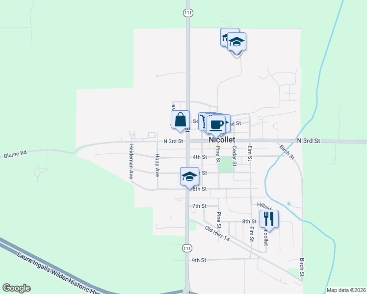map of restaurants, bars, coffee shops, grocery stores, and more near 437 North 3rd Street in Nicollet