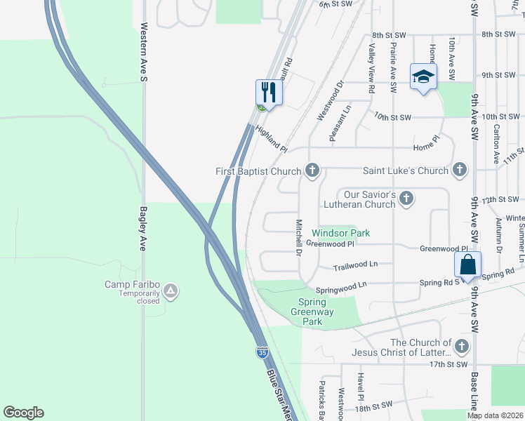 map of restaurants, bars, coffee shops, grocery stores, and more near 14 Crestview Bay in Faribault