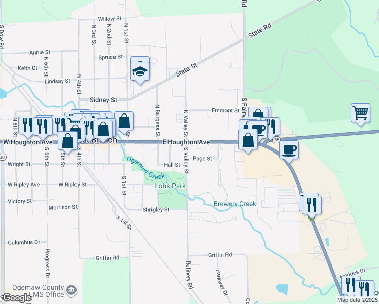 map of restaurants, bars, coffee shops, grocery stores, and more near 113 South Valley Street in West Branch