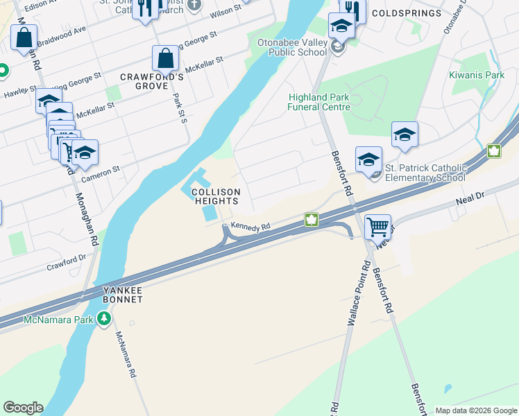 map of restaurants, bars, coffee shops, grocery stores, and more near 376 Southpark Drive in Peterborough