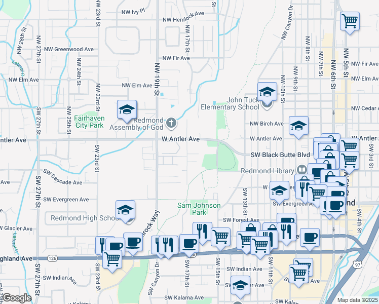 map of restaurants, bars, coffee shops, grocery stores, and more near 152 Southwest 17th Street in Redmond