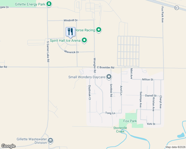 map of restaurants, bars, coffee shops, grocery stores, and more near 2100 Daybreak Court in Gillette