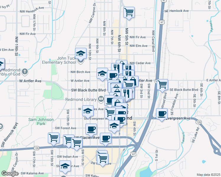 map of restaurants, bars, coffee shops, grocery stores, and more near 732 Southwest Black Butte Boulevard in Redmond
